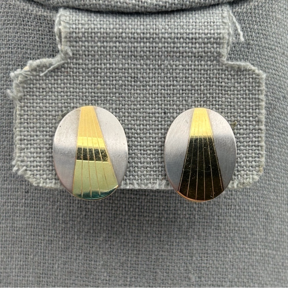Vintage Napier Silver Tone Gold Striped Clip On Screw Back Earrings